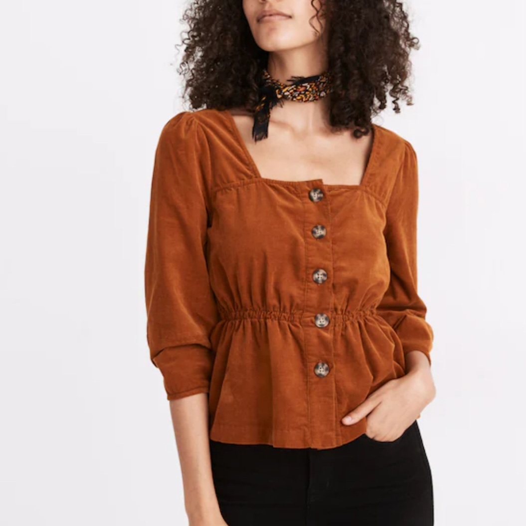 Madewell Corduroy Button-Front Peplum Long Sleeve Golden Brown Top